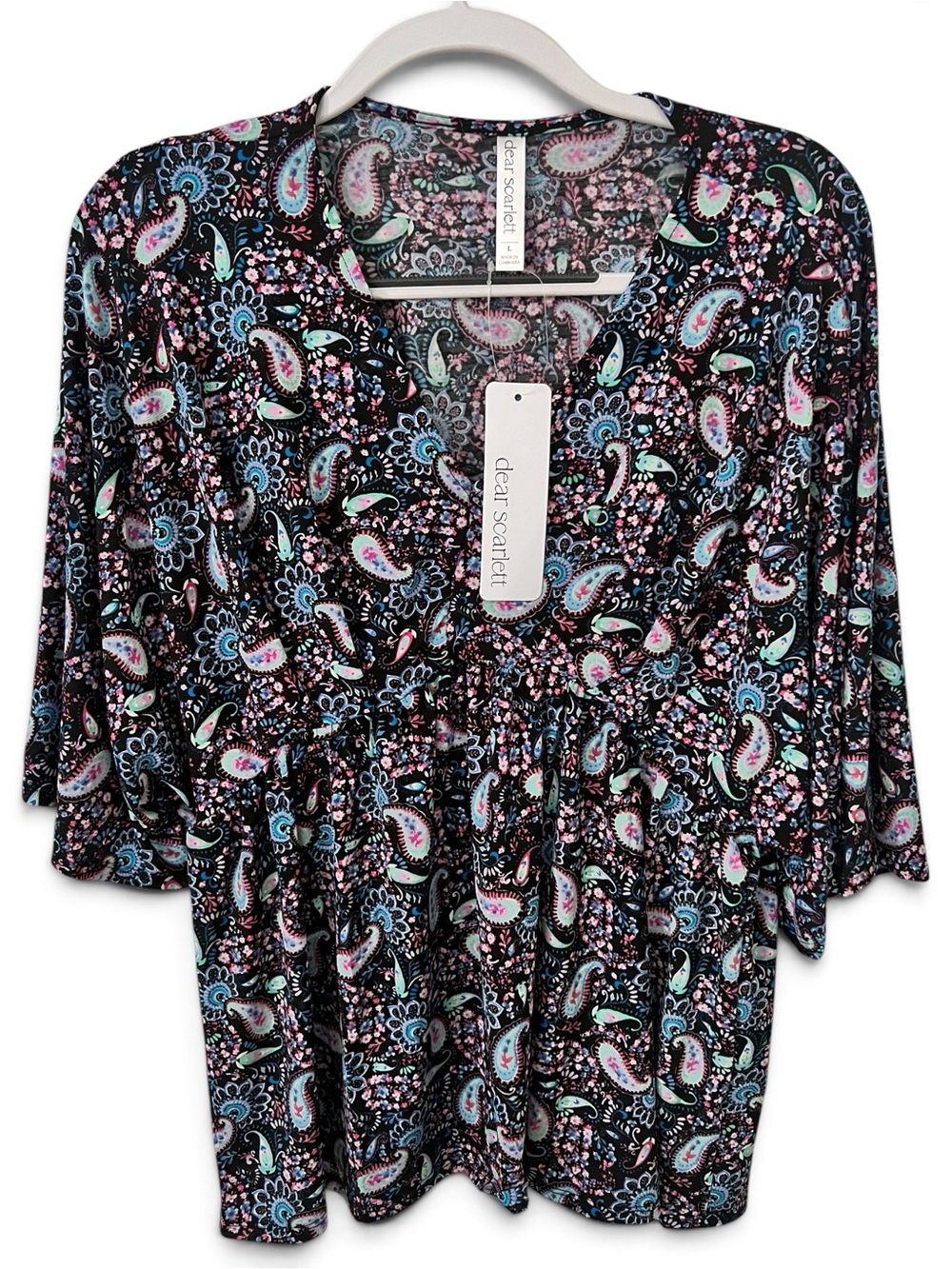 Dear Scarlett Dark Paisley V-Neck Tunic with Teal & Pink Accents